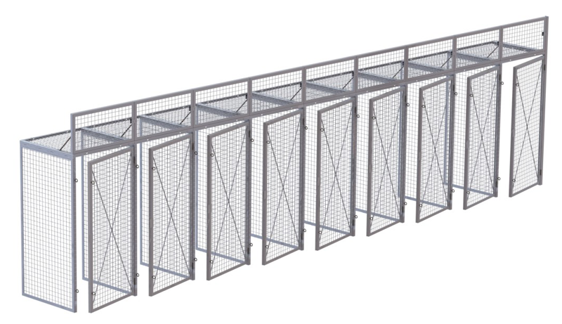 Render of a bank of 3' x 3' wire mesh bulk storage and/or bike lockers