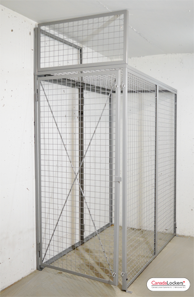 A 3' x 5' wire mesh residential bike and storage locker as made by Canada Lockers. Made from 12 gauge sheet steel and 10ga wire mesh mesh.