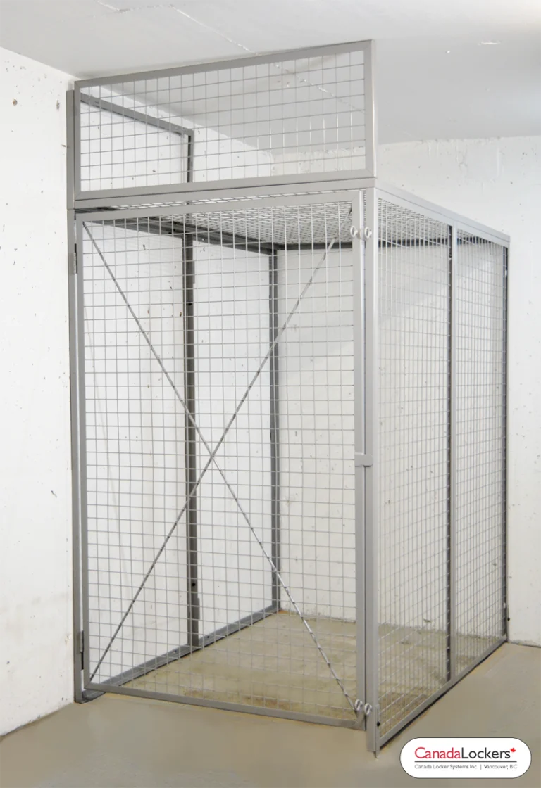A 4' x 6' apartment storage locker made from 12 gauge steel and welded wire mesh. Also used as a double bike locker, Canada Lockers supplies these lockers to builders and installers across Canada.