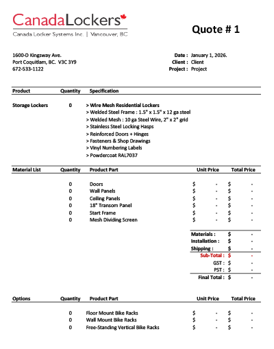 Bike and storage locker sales quotation from Canada Lockers.