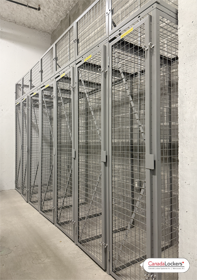A group of vertical bike lockers. Standing up to 7 feet tall, these lockers can also be used to hold unusually tall items like paddleboards.