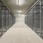 Wire mesh tenant storage lockers installed in a long bicycle room, These bike storage lockers secure the resident's bicycles and bulk storage items.
