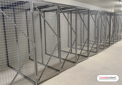 Residential tenant storage lockers installed in an underground parking level. Wire mesh lockers offer a good balance between security and economy and are suitable for most storage rooms,