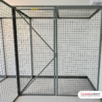 A 6-foot wide mesh storage locker installed in an apartment building for tenant bulk storage.