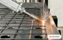 Laser welding 10-gauge wire mesh onto the locker frame made from 12-gauge steel.